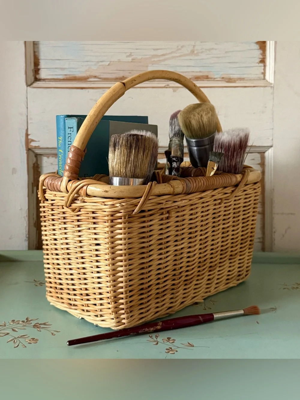 Vintage Wicker Cutlery Basket, Organizer, Rattan, Handmade